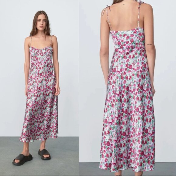 ZARA Floral Print Slip Dress Pink Blue Satin  | Size M - Picture 2 of 10